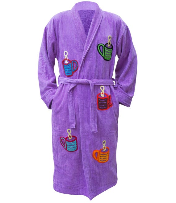 Bathrobe Purple Soft Terry Cloth Embroidery Coffee Mug - Handmade Bath Robe Outwear Unisex
