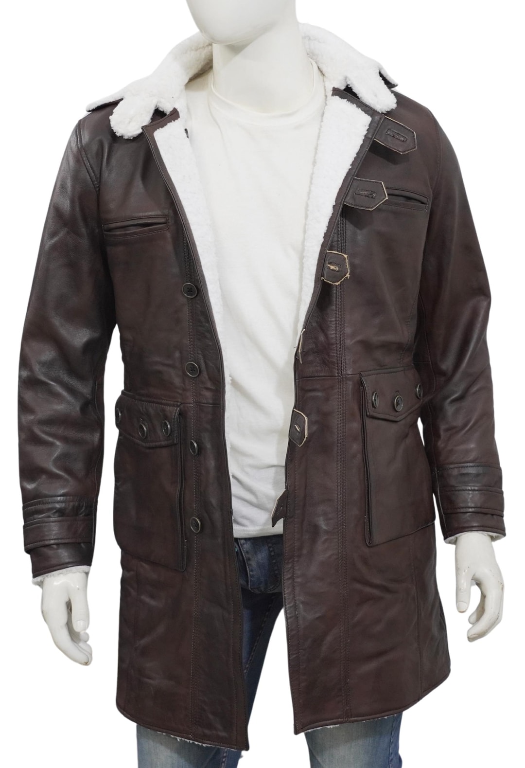 Handmade Bane Artificial Shearling Brown Leather Trench Coat – Winter ...