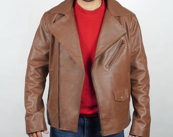 Men's Brando Brown Moto Style Real Sheepskin Leather Jacket – Handmade Classic Zip Casual Outerwear