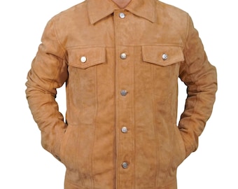 Handmade Men's Trucker Real Suede Leather Jacket | Western Style Tan Brown Jacket