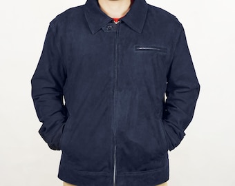 Men’s Biker Bomber Real Suede Leather Jacket | Motorcycle Casual Navy Blue Outerwear Handmade