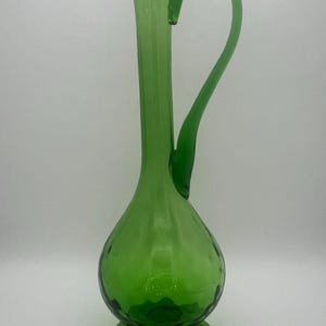 Vintage Italian Hand-blown Green Long Neck Glass Pitcher