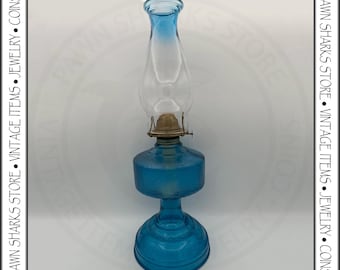 Vintage Blue Glass Homesteader Kerosene Oil Lamp by the Bartlett-Collins Glass Company