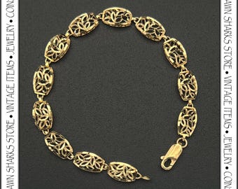 Vintage 10K Yellow Gold Filigree Link Bracelet 7” | Art Nouveau Style Jewelry