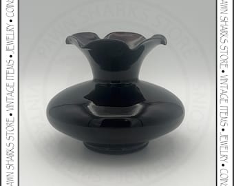 Vintage Ruffled Rim Black Amethyst Glass Vase