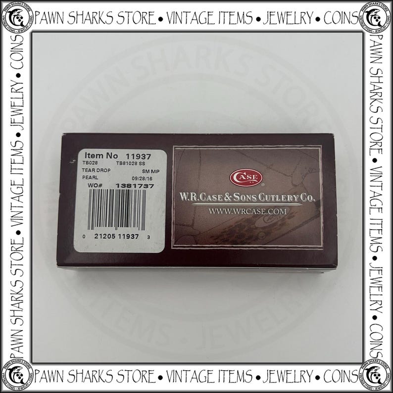 May include: A rectangular dark brown cardboard box for a W.R. Case & Sons Cutlery Co. knife. The label displays Item No 11937, TB028, TB81028 SS, Tear Drop, Pearl, 09/28/16, WO# 1381737, a barcode, and the company logo with the website www.wrcase.com.