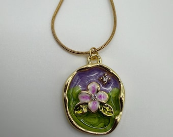 Handmade Floral Enamel Gold Pendant Necklace – Purple Flower Oval Charm Necklace, Elegant Vintage Style Jewelry for Women + Free pouch