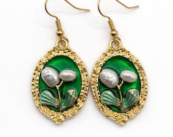 Green Botanical Earrings, Vintage Floral Drop Earrings, Enamel Rose Jewelry, Pearl Detail Dangle, Cottagecore Gift for Her, Ready to Gift