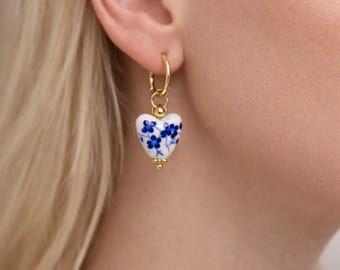 Blue Floral Heart Earrings, Porcelain Heart Gold Drop Earrings, Hand Painted Enamel Style Dangle Earrings, Gift for Her, Free Pouch