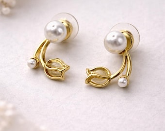 Gold Tulip Pearl Earrings, Asymmetric Pearl Jacket Earrings, Floral Ear Jacket Studs, Dainty Minimal Jewelry, Elegant Gift Ready