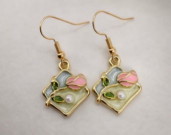 Vintage Gold Tulip Floral Earrings, Pastel Green Pink Dangle Earrings, Pearl Botanical Jewelry, Cute Cottagecore Earrings + Gift ready