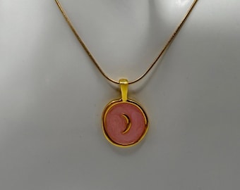 Pink  Moon Pendant Necklace, Gold Celestial Charm, Minimal Vintage Style Necklace with Free Pouch