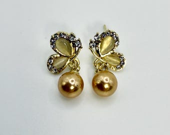 Butterfly Gold Pearl Drop Earrings, Vintage Inspired  Dangle Earrings, Elegant Gift for Her, Free Pouch