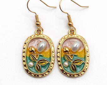 Vintage Flower Drop Earrings,  Enamel Floral Earrings, Pearl Detail Gold Dangle, Cottagecore Jewelry, Nature Inspired Gift for Her