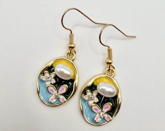 Gold Oval  Pearl Earrings – Enamel Floral Dangle Earrings – Vintage Boho Statement Jewelry – Gift for Her, Free Pouch
