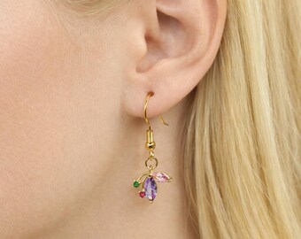 Gold Plated Multicolor Floral Drop Earrings – Amethyst Pink Green Crystal Dangle Earrings – Delicate Romantic Gift for Her, Free Pouch