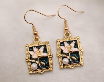 Vintage Emerald Green Drop Earrings, Pearl Accent Gold Dangle Earrings, Botanical Floral Earrings, Pearl detail jewelry with Free Gift Pouch