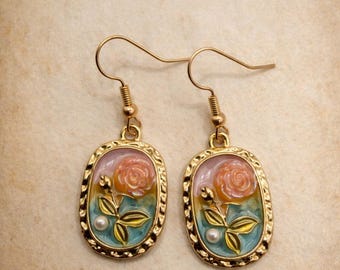 Vintage Flower Drop Earrings, Vintage Enamel Rose Earrings, Pearl Detail Gold Dangle, Cottagecore Jewelry, Nature Inspired Gift for Her