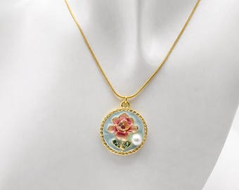 Vintage Rose Pendant Necklace, Gold Round Enamel Charm with Pearl, Cottage Style Jewelry, Bridgerton Necklace + Gift Ready