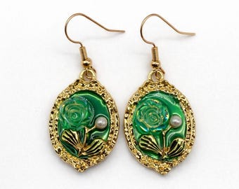 Green Enamel Rose Drop Earrings,Vintage Gold Floral Cameo Earrings, Victorian Rose Dangle Earrings, Elegant Statement Jewelry, Ready to Gift