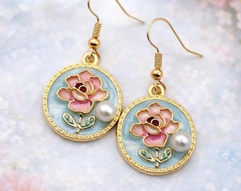 Vintage Rose Blue  Earrings, Blue Floral  Dangle Earrings, Cottagecore Jewelry, Aesthetic Vintage Earrings, Botanical Brital ,Gift Ready