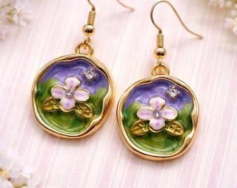 Purple Green Enamel Dangle Earrings,Cute Floral Earrings, Gold Drop Earrings, Cottagecore Jewelry, Aesthetic Flower Earrings, Gift Ready