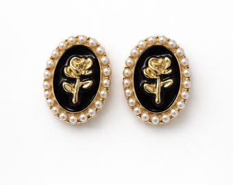 Rose Stud Earrings,  Black Gold Floral Pearl Earrings, Vintage  Style Oral Statement Jewelry, Elegant Gift for Her, Ready to Gift