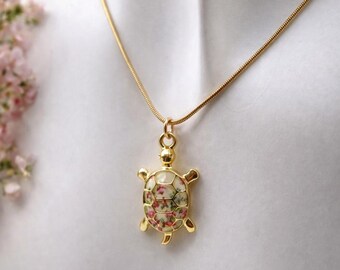 Turtle Pendant Necklace • Vintage Floral • Gold Stainless Steel Chain • Vintage Style Animal Jewelry • Gift for Her + Free Pouch