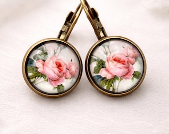 Vintage Pink Rose Earrings, Pink Floral Leverback Earrings, Antique Bronze Dangle Earrings, Cottagecore Cabochon Jewelry,Romantic Gift Ready