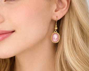Vintage Cameo Dangle Earrings, Pink Gold Tone Vintage Style Oval Drop Earrings, Romantic Feminine Jewelry Gift for Her, Free Pouch