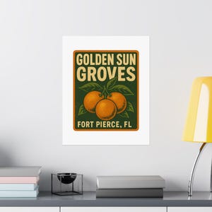 Vintage Florida Orange Crate Label Poster: Golden Sun Groves Print