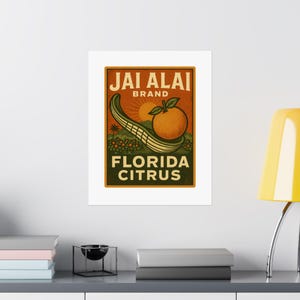 Jai Alai Citrus Poster | Vintage Florida Orange Crate Label Wall Art | Retro Sunshine Fruit Print