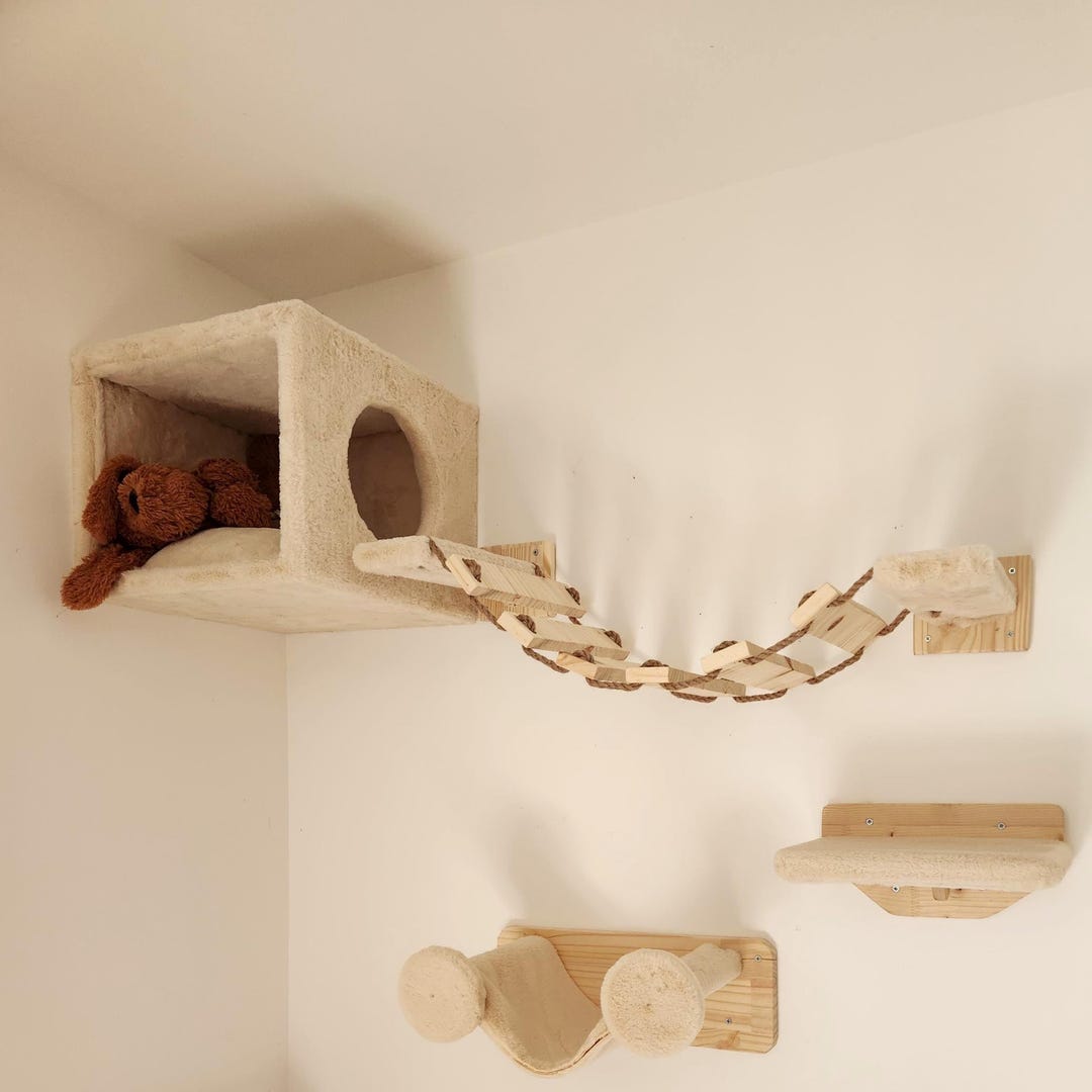 Curated visual reference: Picture Idea: Wall Mounted Cat House Pine Wood Cat Tree Built In