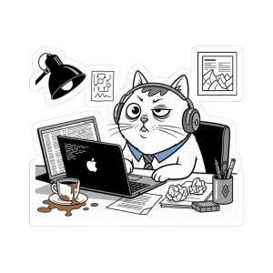 Adesivo/decalcomania in vinile per laptop con gatto programmatore scontroso, ideale per lavorare da casa.