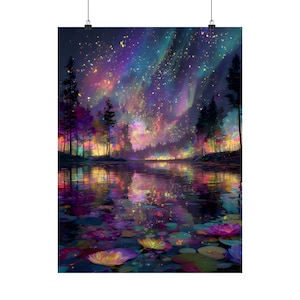 Dreamscape: Auralis Ethereal Aurora Forest Art Print Poster, Surreal Nature Reflection, Mystical Landscape Décor