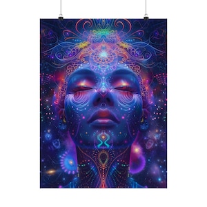 May include: A vibrant poster featuring a digital art illustration of a face with closed eyes. The artwork is dominated by shades of blue, purple, and pink, with intricate patterns and a cosmic background. The image evokes a sense of meditation and spirituality.