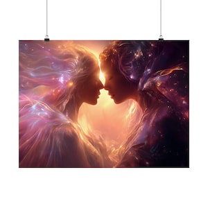 Love Beyond: Lightfall Radiant Lovers Poster, Luminous Cascade Wall Art, Cosmic Love Scene, Infinite Space Decor