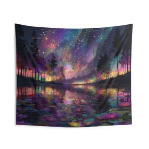 May include: A tapestry displaying a colourful landscape with a night sky. The artwork shows a lake reflecting a starry sky with purple, pink, and yellow hues. Silhouetted trees line the water's edge, and lily pads float on the water.