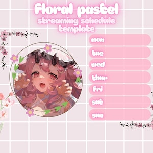 Peut inclure: Modèle d'emploi du temps de diffusion rose avec le texte "Floral pastel" en haut. Le modèle présente un personnage de dessin animé dans un cercle, entouré de fleurs, et une grille d'emploi du temps avec les jours de la semaine.