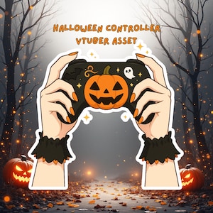 May include: A black Halloween-themed controller with an orange jack-o'-lantern design in the center. The controller is held by hands with orange nails and black wrist cuffs. The text "HALLOWEEN CONTROLLER VTUBER ASSET" is at the top.