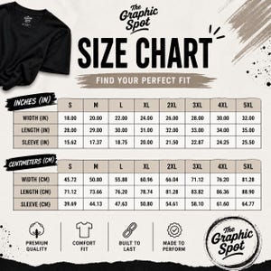 Size chart for The Graphic Spot unisex t-shirt listing sizes S to 5XL with width, length, and sleeve measurements in inches and centimeters, plus icons for premium quality and comfort fit