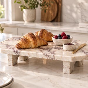 May include: An octagonal white marble serving board with purple veining, supported by four short legs. The board holds two golden-brown croissants, a small bowl of fresh berries, a tiny bowl of jam, and a gold-toned spreader knife on its surface.