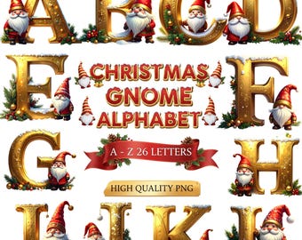 Christmas Gnome Alphabet Letters, Holiday PNG Clipart (Digital Download)