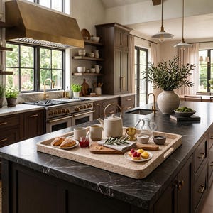 May include: A large rectangular speckled beige serving tray sits on a dark marble kitchen island. The tray holds a ceramic teapot, two mugs, a small glass jar of jam, a wooden cutting board with pastries, and a small glass pitcher.