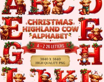 Christmas Highland Cow Alphabet : Farm Animal PNG Illustrations (Digital Download)