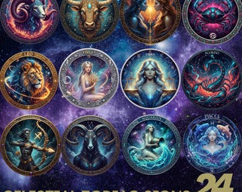 24 Celestial Zodiac Signs PNG Clipart: Sublimation Designs (Digital Download)