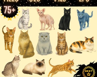 Watercolor Cats Clipart Bundle: 75+ PNG, SVG, EPS Designs (Digital Download)