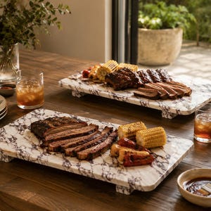 May include: Two rectangular serving boards with a white and grey marble pattern, each featuring four short feet. The boards are topped with sliced brisket, grilled corn on the cob, and roasted peppers, arranged for a meal on a wooden table.
