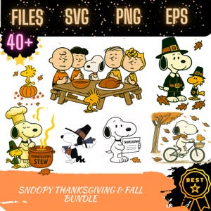 以下が含まれることがあります： サンクスギビングと秋をテーマにしたイラストで、スヌーピーと仲間たちをフィーチャーしたデジタルアートバンドル。シェフ、巡礼者、自転車に乗ったスヌーピーが含まれています。バンドルには「Snoopy Thanksgiving & Fall Bundle」というテキストも含まれています。