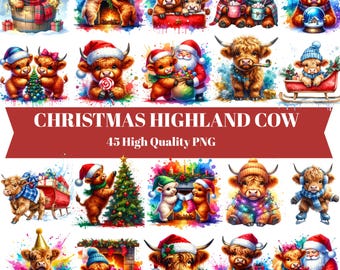 Christmas Highland Cow Clipart : Farm Animal PNG Illustrations (Digital Download)